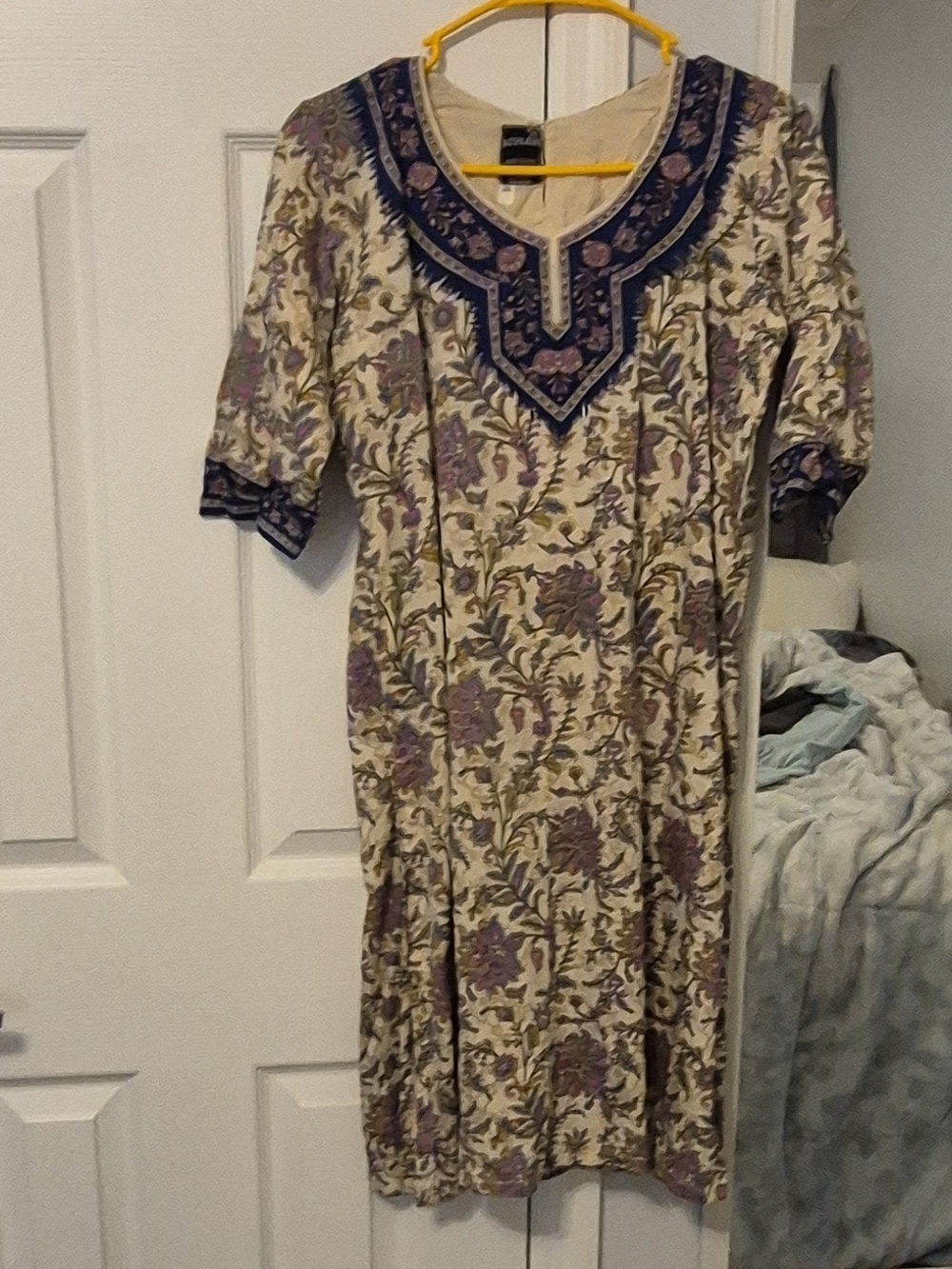 Cream and Purple Floral Short-Sleeve Dress